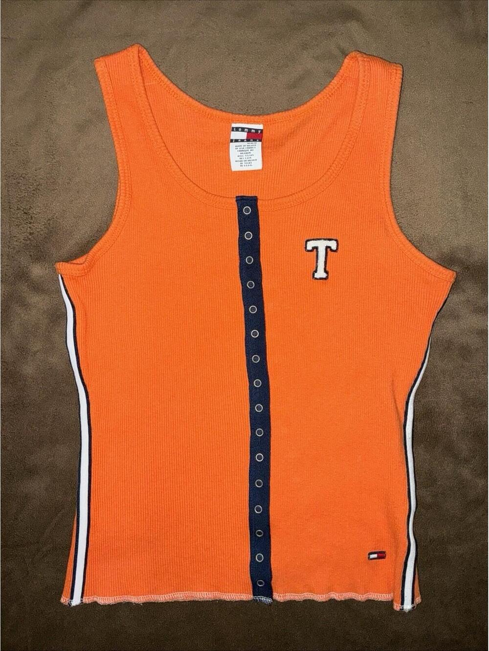 Vintage Tommy Girl Tank Top Ribbed Orange Snap Up Y2K Biker M Deadstock